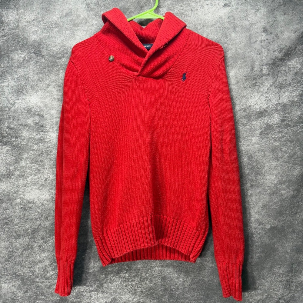 VTG Y2K Ralph Lauren Sport Shawl Collar Sweater Womens Size S Red Cotton Preppy